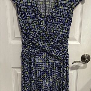 London Style Navy Geometric Twist-Front Midi Dress